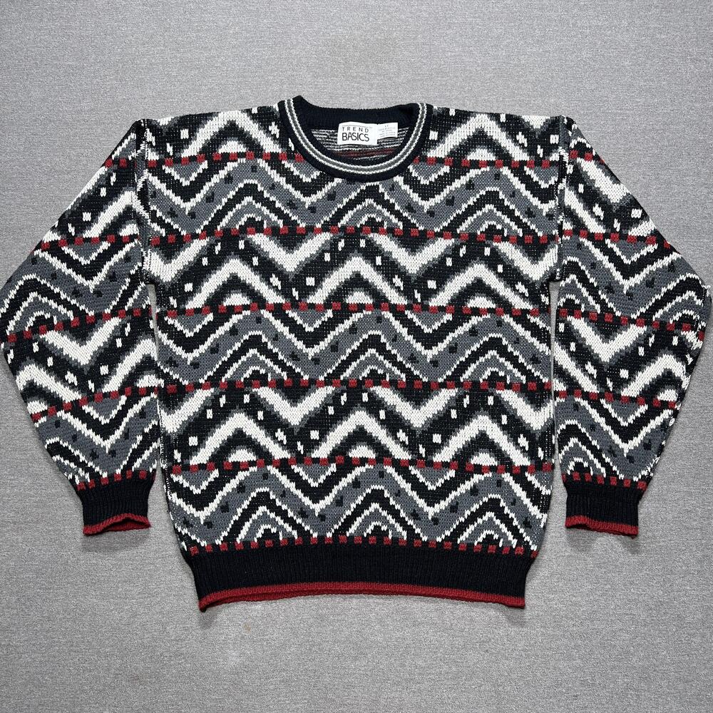 Vintage Grandpa Sweater Mens Large Tall Black Fair Isle Knit 90s Trend Basics